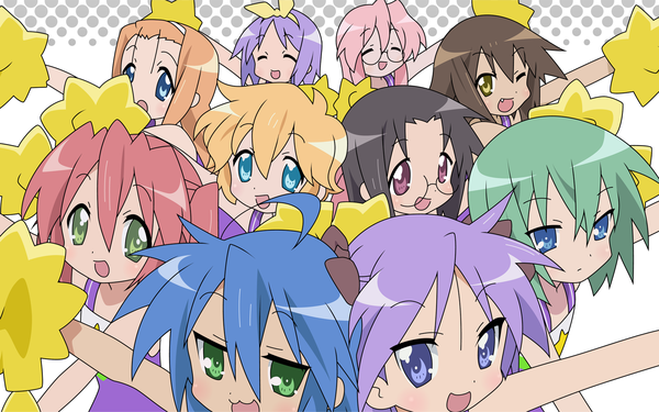 Anime picture 1920x1200 with lucky star kyoto animation izumi konata hiiragi kagami hiiragi tsukasa takara miyuki kusakabe misao kobayakawa yutaka iwasaki minami tamura hiyori patricia martin minegishi ayano highres wide image group cheerleader girl