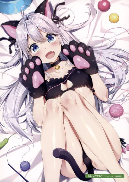 Anime picture 2493x3500 with original melonbooks masuishi kinoto single long hair tall image looking at viewer blush fringe highres open mouth blue eyes light erotic hair between eyes animal ears cleavage silver hair ahoge bent knee (knees) tail