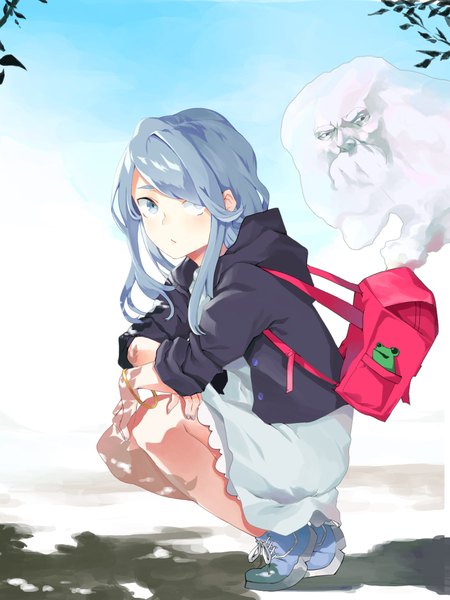 Anime picture 1638x2184 with touhou kumoi ichirin unzan banssee long hair tall image looking at viewer blue eyes blue hair sky nail polish sunlight open clothes open jacket squat girl dress jacket bracelet leaf (leaves)