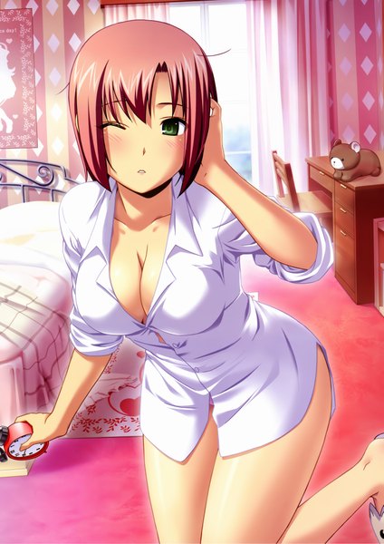 Anime picture 2970x4200 with rio rainbow gate! rio rollins koutaro tall image blush highres short hair light erotic brown hair green eyes one eye closed wink girl shoes window bed curtains toy stuffed animal chair
