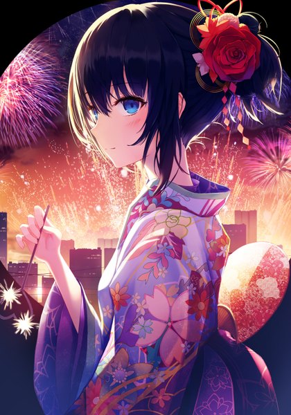 Anime picture 1120x1600 with original h2o (dfo) single tall image looking at viewer blush fringe short hair breasts blue eyes black hair hair between eyes standing holding payot upper body traditional clothes japanese clothes looking back hair flower