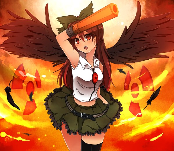 Anime picture 1500x1300 with touhou reiuji utsuho koori hana single long hair open mouth red eyes brown hair arm cannon girl skirt weapon miniskirt wings belt feather (feathers) sun green skirt