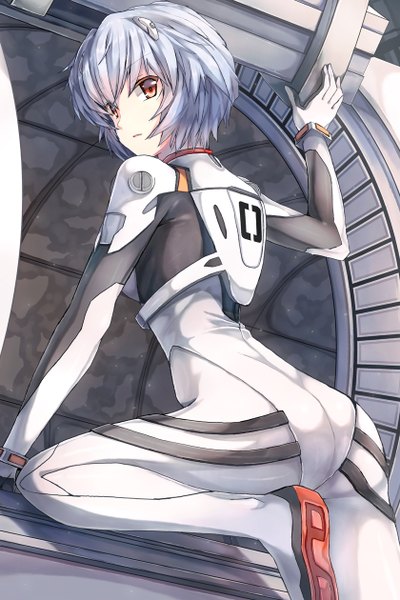 Anime picture 840x1260 with neon genesis evangelion gainax ayanami rei 90i single tall image looking at viewer short hair red eyes blue hair looking back turning head girl pilot suit watercraft ship