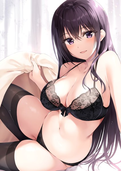 Anime picture 1417x2000 with original oryou single long hair tall image looking at viewer blush fringe breasts open mouth light erotic black hair smile hair between eyes large breasts purple eyes bare shoulders cleavage indoors :d