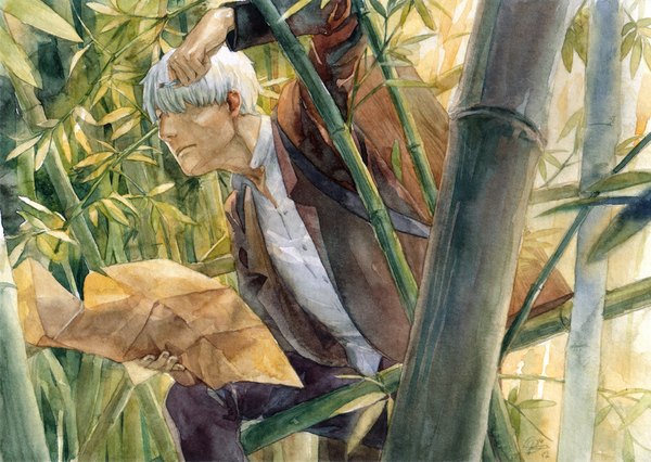 Anime picture 1000x710 with mushishi ginko chernotrav single fringe short hair white hair hair over one eye traditional media watercolor (medium) boy plant (plants) backpack cigarette box bamboo map