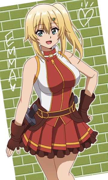 Anime picture 480x800 with ore dake haireru kakushi dungeon emma (ore dake haireru kakushi dungeon) onomekaman single tall image looking at viewer fringe short hair open mouth blonde hair smile hair between eyes standing payot :d pleated skirt aqua eyes sleeveless character names side ponytail