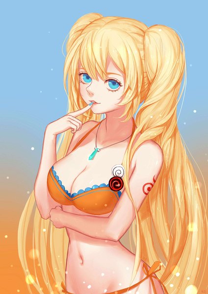 Anime picture 668x945 with naruto studio pierrot naruto (series) uzumaki naruto naruko nho (316784766) single long hair tall image looking at viewer fringe breasts blue eyes light erotic simple background blonde hair hair between eyes large breasts twintails payot