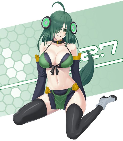 Anime picture 980x1120 with border break (game) damegane single long hair tall image looking at viewer light erotic smile sitting bare shoulders green eyes tail green hair girl thighhighs navel hair ornament detached sleeves collar buttons