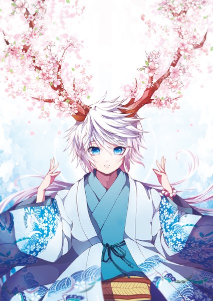 Anime picture 1772x2504 with original kanola u single long hair tall image looking at viewer fringe highres blue eyes pink hair white hair traditional clothes japanese clothes multicolored hair two-tone hair cherry blossoms floral print boy plant (plants) petals