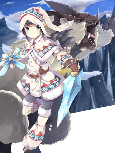 Anime picture 1500x2000 with monster hunter monster hunter portable 3rd capcom monster hunter (character) lagombi (armor) lagombi abusoru single tall image looking at viewer short hair black hair green eyes sky cloud (clouds) fur trim snow mountain girl gloves