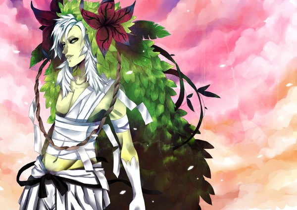 Anime picture 2092x1479 with pokemon nintendo shaymin mookie000 single highres smile green eyes cloud (clouds) white hair pale skin gen 4 pokemon boy gloves navel flower (flowers) plant (plants) bandage (bandages)