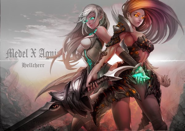 Anime picture 4169x2953 with hellcherr long hair looking at viewer highres breasts blue eyes multiple girls absurdres silver hair lips orange hair inscription orange eyes glowing glowing eye (eyes) girl weapon 2 girls armor crystal