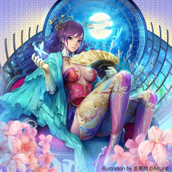Anime picture 1400x1400 with sangokushi tenka suke akurou single long hair looking at viewer fringe breasts blue eyes light erotic large breasts sitting holding cleavage purple hair bent knee (knees) parted lips realistic night official art night sky