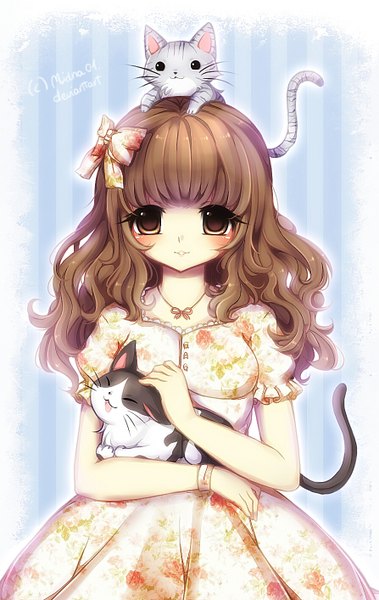 Anime picture 894x1414 with midna01 single long hair tall image blush fringe brown hair brown eyes blunt bangs light smile wavy hair striped background animal on head girl dress bow hair bow animal cat