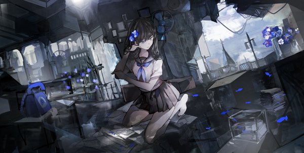 Anime picture 2000x1008 with original manbou no shigai single long hair fringe highres blue eyes black hair wide image sitting looking away indoors hair flower short sleeves no shoes hand on head seiza holding arm grey skin girl