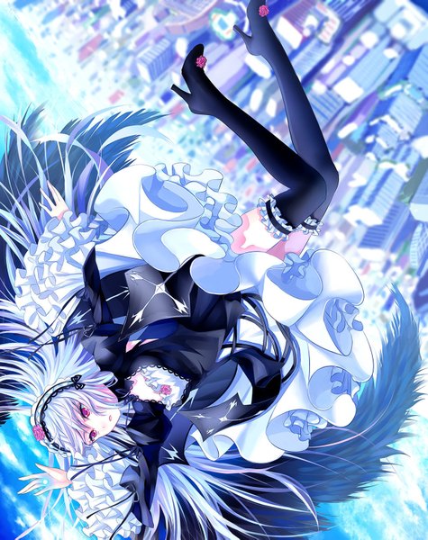 Anime picture 1240x1565 with rozen maiden suigintou lunatic (phantasy) single long hair tall image blush open mouth purple eyes looking away sky silver hair cloud (clouds) city light flying black wings weightlessness girl thighhighs