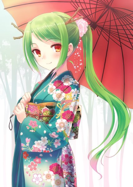 Anime picture 855x1200 with original hyuuga azuri single long hair tall image blush smile red eyes ponytail traditional clothes japanese clothes green hair girl kimono