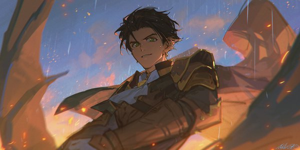 Anime picture 2000x1000 with fire emblem fire emblem: three houses fire emblem warriors: three hopes nintendo claude von riegan alzi xiaomi single looking at viewer fringe highres short hair smile brown hair wide image green eyes signed sky cloud (clouds) upper body parted lips