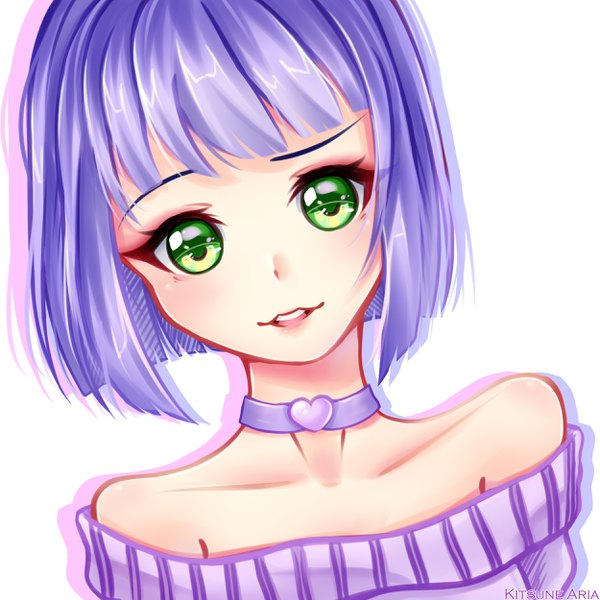 Anime picture 2500x2500 with original alterka single looking at viewer blush fringe highres short hair simple background white background bare shoulders green eyes signed purple hair upper body parted lips head tilt off shoulder girl dress