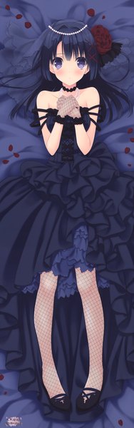 Anime picture 2353x7495 with tsuki ni yorisou otome no sahou ookura risona suzuhira hiro single long hair tall image looking at viewer blush highres blue eyes black hair dakimakura (medium) girl dress gloves flower (flowers) petals black dress