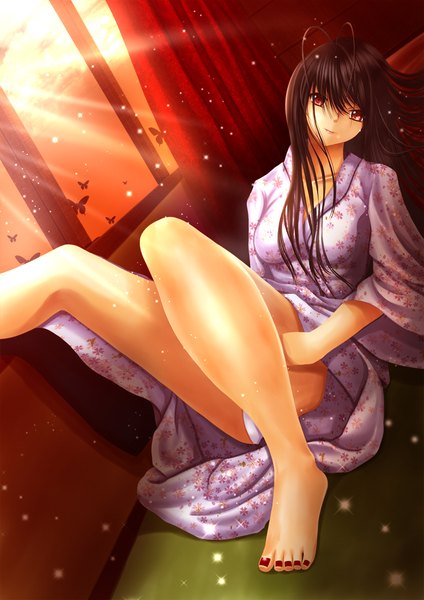 Anime picture 778x1100 with accel world sunrise (studio) kuroyukihime toshi (1-147) single long hair tall image looking at viewer fringe breasts light erotic black hair hair between eyes red eyes large breasts sky ahoge bent knee (knees) lying nail polish