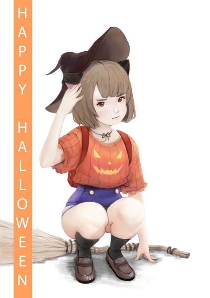 Anime picture 2480x3508 with original hana (jubi) jubi (regiana) single tall image looking at viewer highres short hair simple background brown hair white background brown eyes animal ears cat ears squat halloween frown happy halloween girl hat