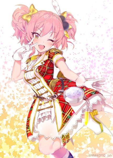 Anime picture 690x960 with idolmaster idolmaster cinderella girls idolmaster cinderella girls starlight stage jougasaki mika mizuki makoto single tall image looking at viewer blush short hair open mouth standing twintails signed yellow eyes pink hair one eye closed wink twitter username short twintails