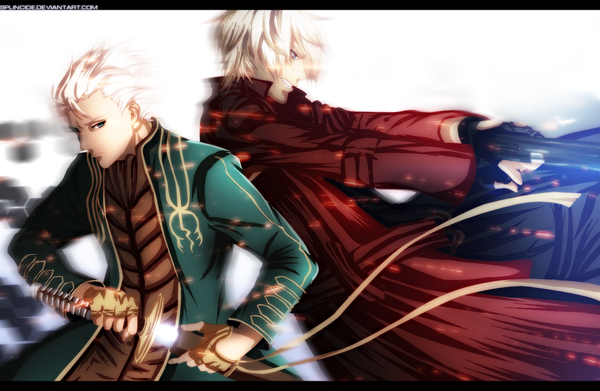 Anime picture 1500x978 with devil may cry dante (devil may cry) vergil senano-yu short hair simple background smile white hair multiple boys grin back to back spiked hair boy gloves weapon sword fingerless gloves 2 boys coat