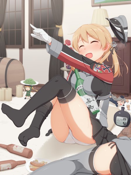 Anime picture 1200x1600 with kantai collection prinz eugen (kantai collection) tachimi (basue) long hair tall image blush light erotic blonde hair twintails eyes closed legs girl thighhighs skirt underwear panties black thighhighs miniskirt peaked cap