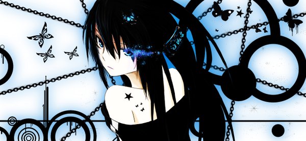 Anime picture 2604x1200 with black rock shooter black rock shooter (character) single long hair looking at viewer highres blue eyes black hair wide image looking back glowing glowing eye (eyes) girl chain