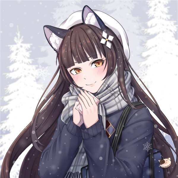 Anime picture 5000x5000 with girls frontline type 95 (girls frontline) type 95 (pure white graduation) (girls frontline) chuli 00 single long hair looking at viewer blush fringe highres smile brown hair holding animal ears yellow eyes payot absurdres upper body outdoors blunt bangs