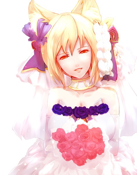 Anime picture 1100x1400 with touhou yakumo ran dearmybrothers single tall image simple background blonde hair white background bare shoulders orange eyes fox ears fox girl girl dress flower (flowers) bouquet wedding dress