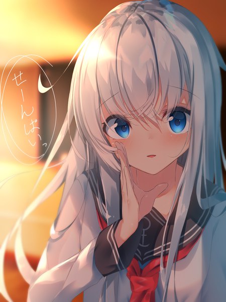 Anime picture 2520x3360 with kantai collection hibiki destroyer suisen-21 single long hair tall image looking at viewer blush fringe highres breasts open mouth blue eyes hair between eyes silver hair upper body long sleeves arm up sunlight blurry