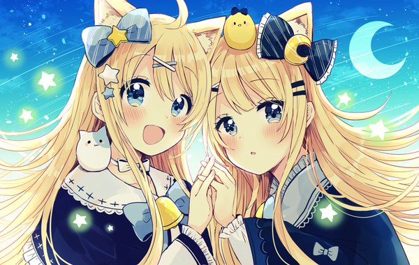 Anime picture 4615x2923 with original sakura oriko long hair looking at viewer blush fringe highres open mouth blue eyes blonde hair smile hair between eyes multiple girls animal ears payot absurdres sky cloud (clouds) upper body :d