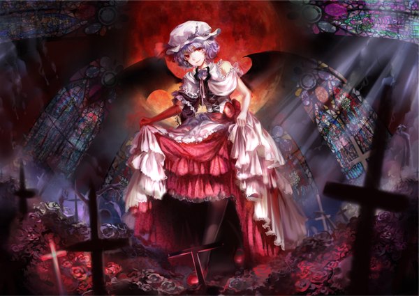 Anime picture 1334x945 with touhou remilia scarlet h2so4kancel single looking at viewer short hair smile red eyes purple hair legs red moon girl dress gloves flower (flowers) bow wings elbow gloves cross bonnet