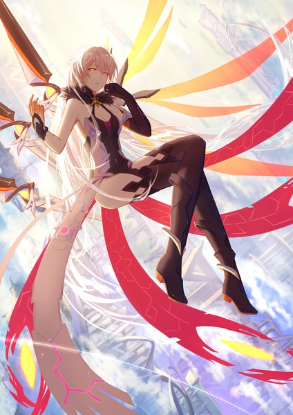 Anime picture 1240x1754 with honkai impact 3rd benghuai xueyuan honkai (series) kiana kaslana kiana kaslana (herrscher of the void) xing muhen single tall image fringe blonde hair hair between eyes bare shoulders yellow eyes sky cleavage cloud (clouds) full body bent knee (knees) very long hair parted lips