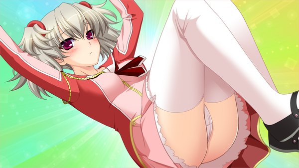 Anime picture 1280x720 with kessen! short hair light erotic red eyes wide image game cg silver hair pantyshot girl thighhighs uniform school uniform white thighhighs
