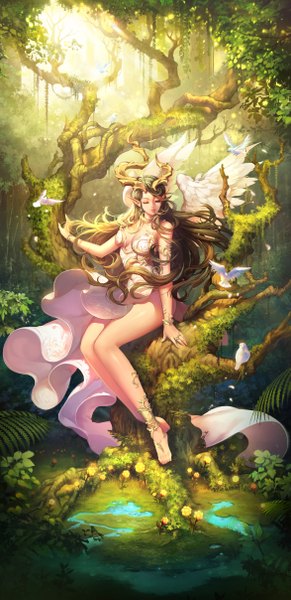 Anime picture 2347x4827 with original majo single long hair tall image fringe highres breasts light erotic smile brown hair sitting outdoors eyes closed parted lips barefoot horn (horns) pointy ears sunlight realistic