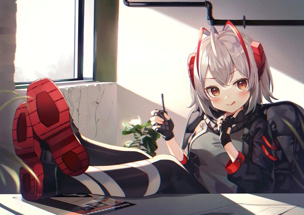 Anime picture 2093x1480 with arknights w (arknights) nam single looking at viewer blush fringe highres short hair smile sitting holding brown eyes ahoge indoors head tilt horn (horns) grey hair open jacket crossed legs