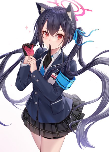 Anime picture 2125x2952 with blue archive serika (blue archive) ion (on01e) single long hair tall image looking at viewer fringe highres black hair simple background hair between eyes red eyes standing white background holding animal ears pleated skirt mouth hold extra ears