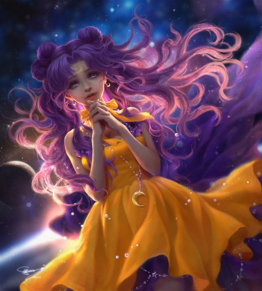 Anime picture 1200x1330 with bishoujo senshi sailor moon toei animation luna (sailor moon) luna (sailor moon) (human) sunmomo single long hair tall image looking at viewer purple eyes purple hair light smile lips light wavy hair crossed arms space girl dress earrings