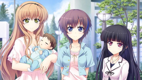 Anime picture 2560x1440 with atled everlasting song long hair highres short hair blue eyes black hair smile red eyes brown hair wide image multiple girls green eyes game cg girl dress 3 girls child (children)