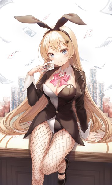 Anime picture 3279x5376 with original 0v0 (l seohui) single tall image looking at viewer blush fringe highres breasts blue eyes light erotic simple background blonde hair smile large breasts white background sitting holding animal ears absurdres