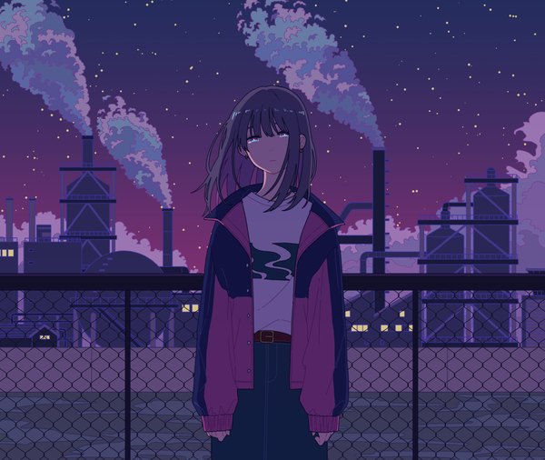 Anime picture 4000x3371 with original shi oo single long hair looking at viewer fringe highres blue eyes black hair hair between eyes standing absurdres outdoors long sleeves open jacket sleeves past wrists smoke expressionless casual girl
