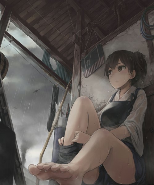 Anime picture 832x1000 with kantai collection kaga aircraft carrier namaniku atk single tall image fringe short hair black hair brown eyes looking away sky bent knee (knees) ponytail traditional clothes japanese clothes wide sleeves wet side ponytail rain girl