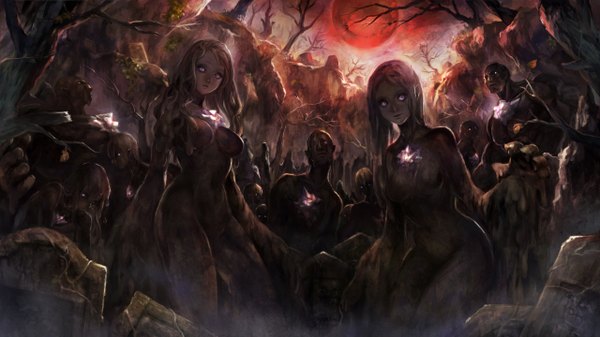 Anime picture 2560x1440 with dragon's crown vanillaware long hair highres short hair breasts light erotic wide image large breasts standing purple eyes multiple girls grey hair multiple boys monster girl red moon girl boy plant (plants) tree (trees)
