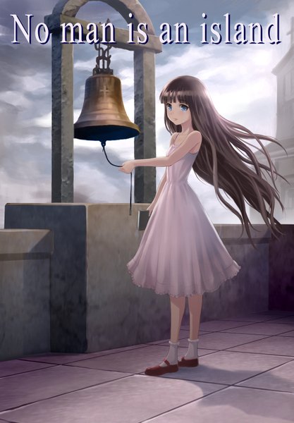 Anime picture 1043x1500 with original denhijou niki single long hair tall image looking at viewer fringe blue eyes very long hair tears evening sunset crying girl socks bell sundress
