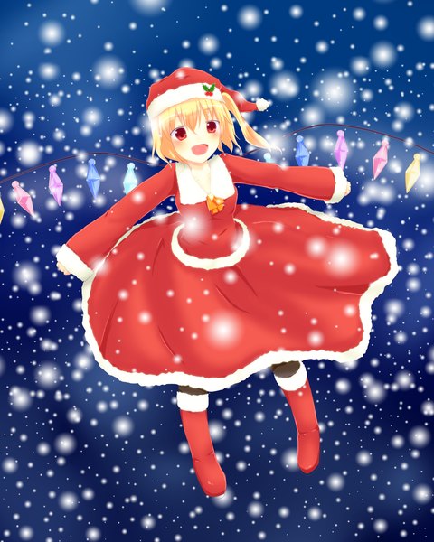 Anime picture 2000x2500 with touhou flandre scarlet koyume single tall image blush highres short hair open mouth blonde hair red eyes teeth fang (fangs) fur trim snowing christmas winter merry christmas girl wings
