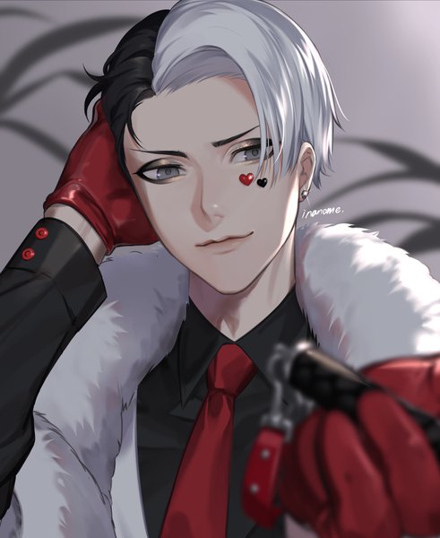 Anime picture 1227x1500 with twisted wonderland divus crewel inanome me single tall image short hair black hair signed silver hair upper body multicolored hair two-tone hair grey eyes adjusting hair eyeshadow boy gloves shirt necktie heart