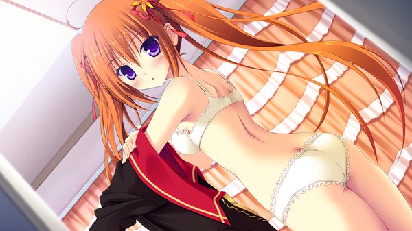 Anime picture 1024x576 with lovely quest long hair blush open mouth light erotic wide image purple eyes twintails game cg ass looking back orange hair girl underwear panties ribbon (ribbons) hair ribbon lingerie bra white panties